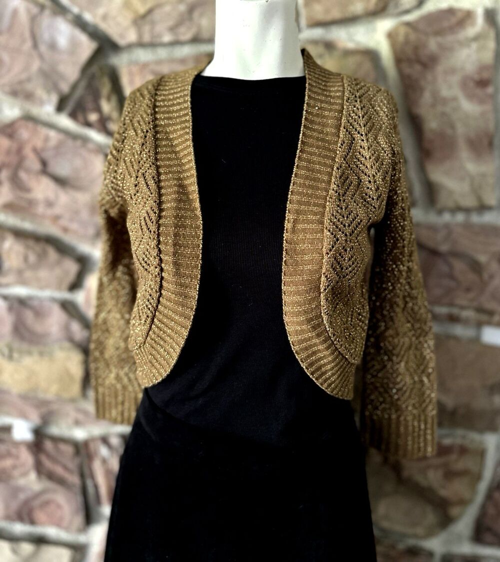 Vintage Cache‎ Cardigan Shrug Sweater Women's 8 Brown Metallic Knit Y2k Boho S/m